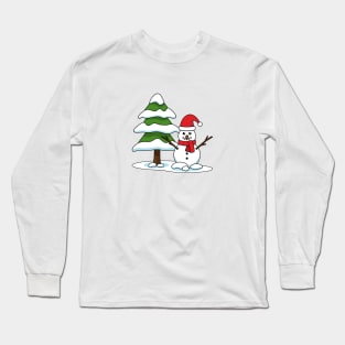 Snowman with Snowy Pine Tree Long Sleeve T-Shirt